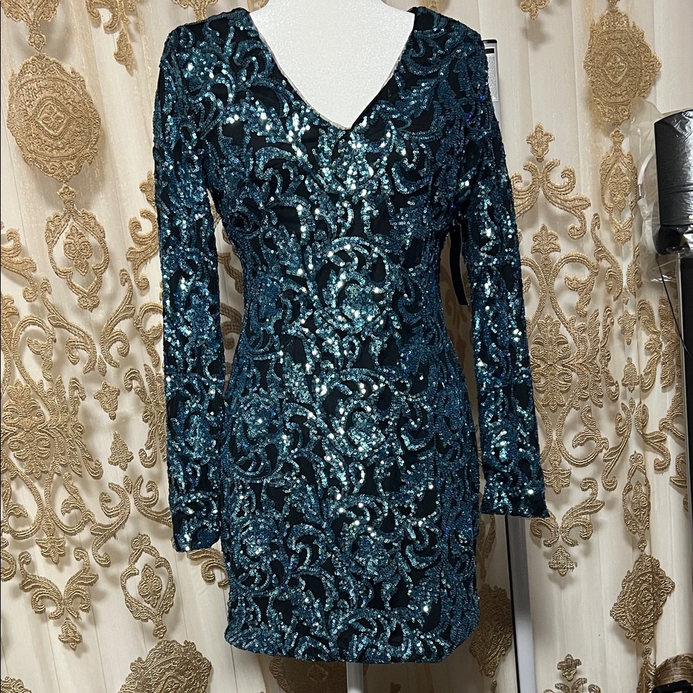 VENUS Teal Sequin Long Sleeve Dress